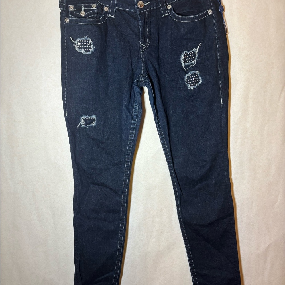 True Religion Dark Blue Skinny Jeans Distressed Clear Crystals